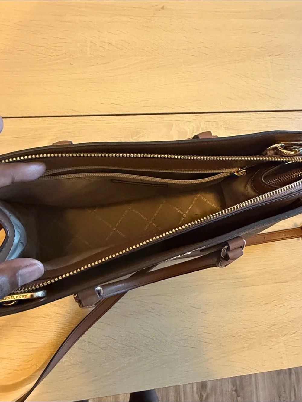 Michael Kors Brown Logo Satchel with Metallic Stripe Accents